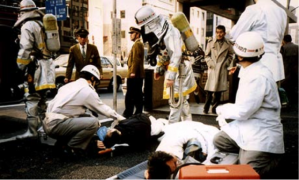 The aftermath of the Aum Shinrikyo Sarin gas incident, which killed 13 in Tokyo, Japan